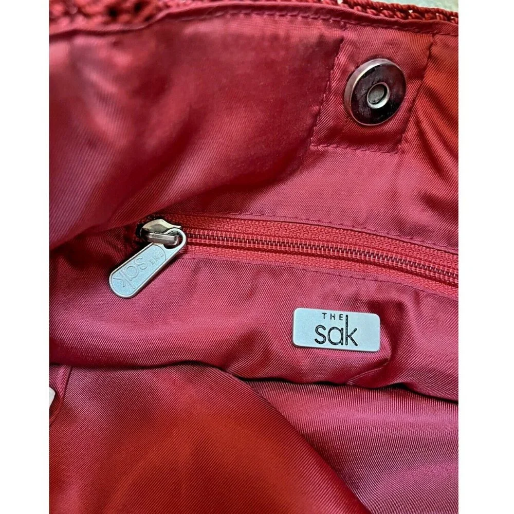 VINTAGE BOHO INDIE RUSTIC COTTAGE CORE THE SAK RED CROCHET HAND BAG TOTE PURSE - Picture 9 of 10